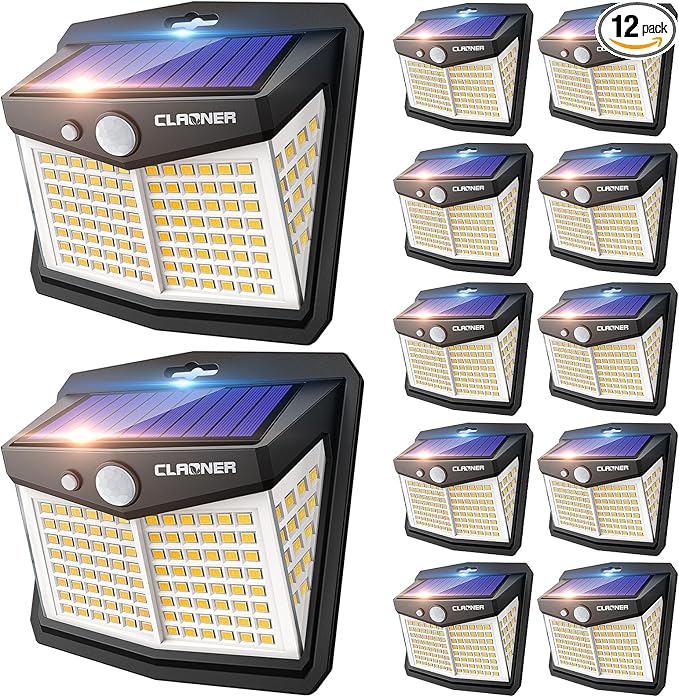 CLAONER Solar Motion Sensor Lights Outdoor, 12 Pack Solar Fence Lights IP65 Waterproof, Bright 128 LED Security Flood Lights with 270°Wide Angle, 3 Lighting Modes Motion Light for Outside, Warm White