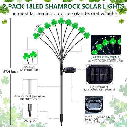 2 Pack St Patricks Day Decorations Solar Outdoor Lights, 18 LED Lucky Green Shamrock Irish Firefly Solar Lights, 2 Modes Waterproof St Patricks Day Light for Yard Garden Lawn Pathway Decor
