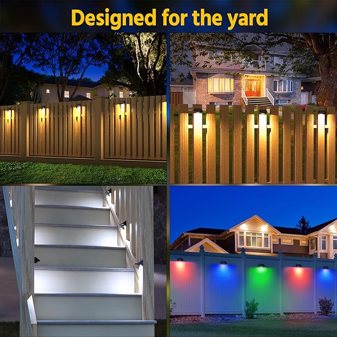 NIORSUN Outdoor Fence Lights, 10 Pack Waterproof LED Solar Fence Lights with 1500mAh Battery, Warm White/Cool White/RGB, Easy-to-Install Wall Light for Deck, Patio, Railing, Stairs, Backyard – Black
