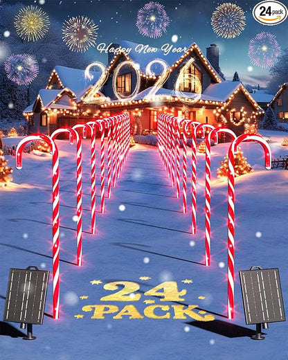 COOLWUFAN 24 Pack 22" Solar Candy Cane Lights Outdoor, 216 Bright LEDs Christmas Pathway Decorations with 4 Brightness Levels, Solar Powered & Waterproof, for Yard Walkway Holiday