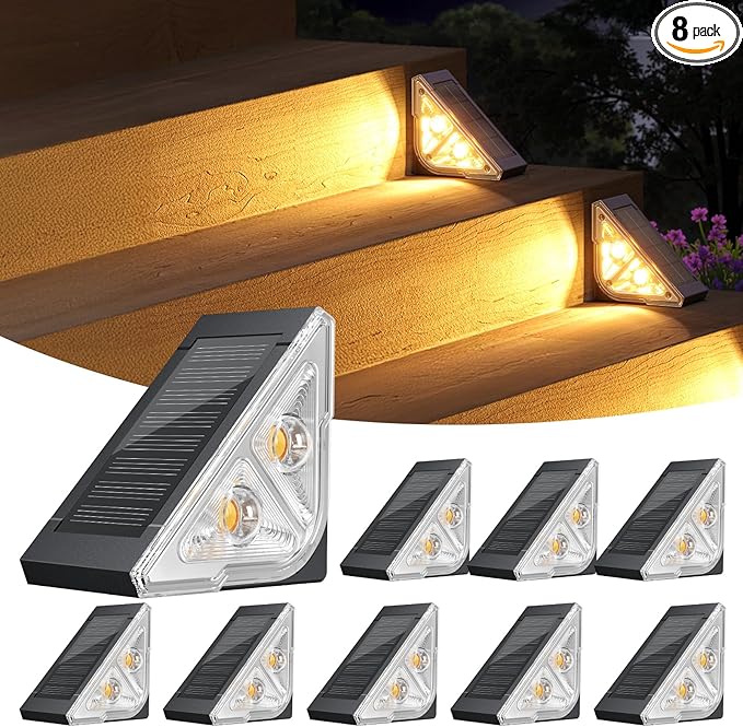 Solar Step Lights for Outside, 8 Pack Bright LED Spot Lens Triangle Solar Stair Light Outdoor Waterproof, Outdoor Deck Lights for Yard Porch Patio Driveway Railing, Warm White