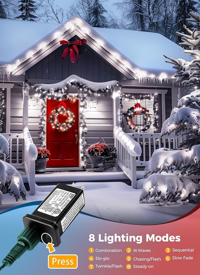 C9 Christmas Lights Outdoor, 114 Feet 150 LED C9 String Light with Timer & 8 Light Modes, Waterproof Commercial Grade Connectable Christmas Tree Lights for House Indoor Outside Roofline, Pure White
