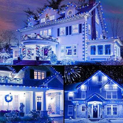 2PACK C9 LED Christmas Lights with 100 Spring Clips, Total 100ft 100 LED Waterproof Strawberry String Lights, Commercial Grade Extendable Perfect for Roofline House Xmas Decor, Blue & Pure White