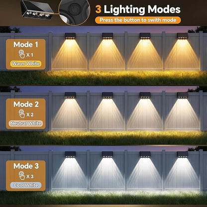 Solar Fence Lights Outdoor, Bigger & Brighter 4-LED Fence Lights Solar Powered with 3 Modes, IP65 Waterproof Solar Lights for Outside, Backyard, Patio, Yard, Railing, Wall, Pool - 8 Pack