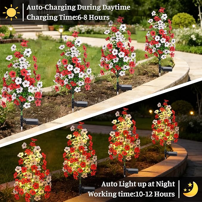 Solar Garden Flower Lights Outdoor Waterproof 4 Packs Solar Lights with Fake Orchid Flower Fairy Lights Outdoor Patio Yard Pathway Decoration Ideal Gifts for Women Mother's Day