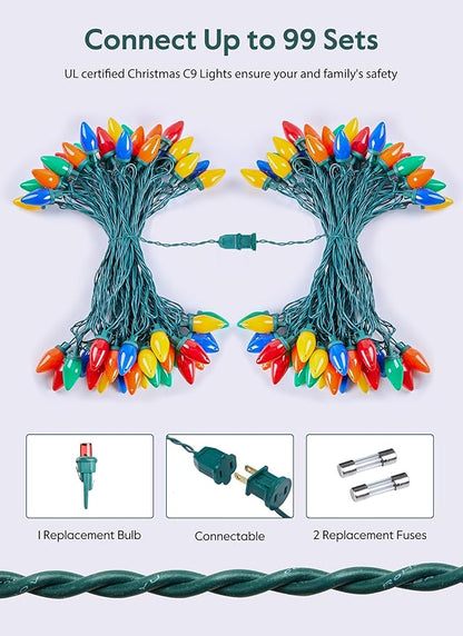 C9 Christmas Lights Outdoor, 50Feet Vintage Christmas String Lights with 50 Colored Bulbs, Connectable Waterproof Lights for Holiday Party Roofline Backyard Garden Patio, Green Wire (Multicolor)