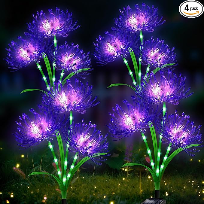 Solar Garden Flower Lights Outdoor, 4 Pack Purple Spider Lily Solar Lights with Glowing Stems, IP65 Waterproof LED Yard Decor for Patio Lawn Pathway, Mother's Day Gifts for Women Mom Grandma