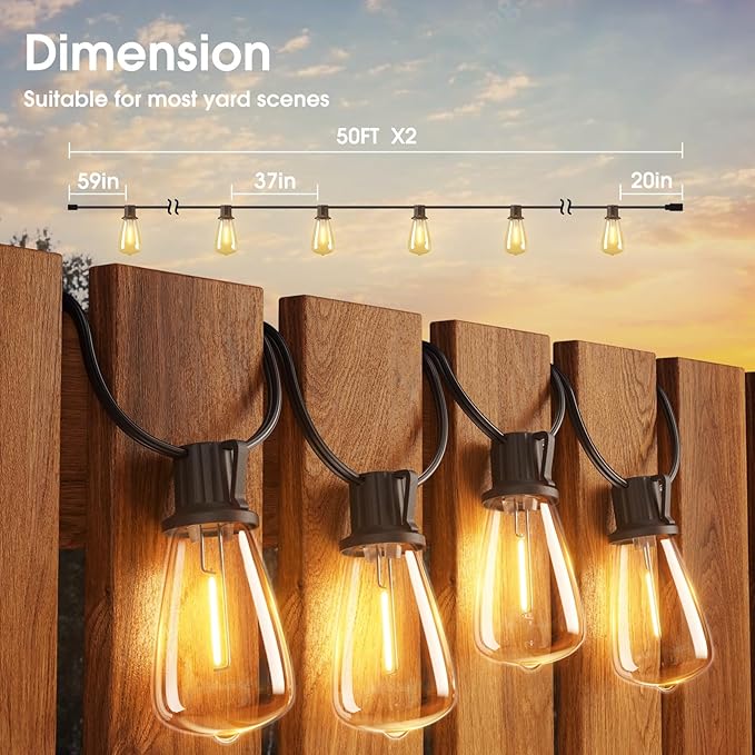 KYY 100FT Outdoor String Lights Waterproof LED Patio Lights with Shatterproof 32(2 Spares) Edison ST38 Bulb Durable Dimmable Hanging for Outside Garden Porch Deck Bistro Backyard Events