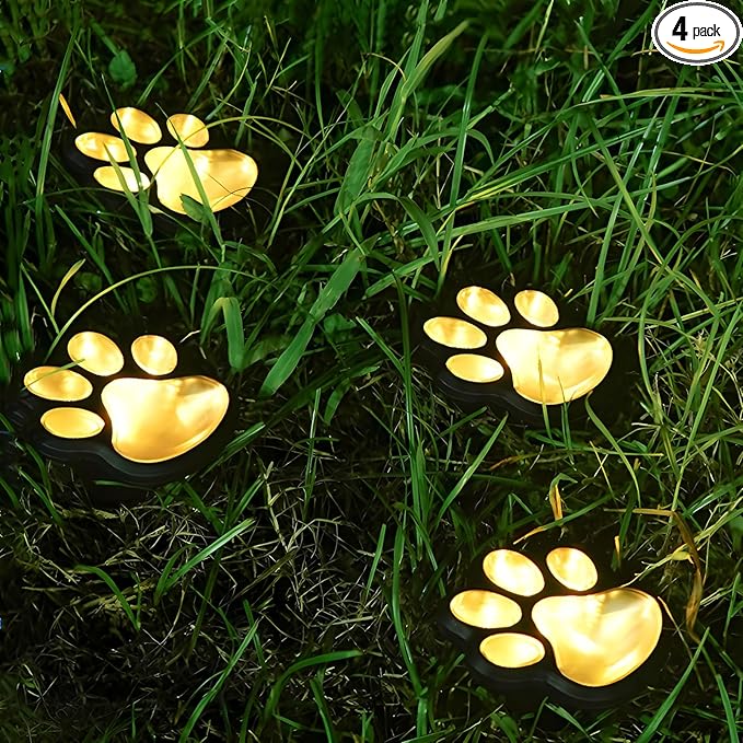 4 Pack Paw Print Solar Light Outdoor,Solar Dog Paw Light for Garden Decorations,IP65 Waterproof Solar Powered Yard Cat Puppy Lights for Lawn Pet Cemetery Pathway Patio Pet Lovers (Warm Light)