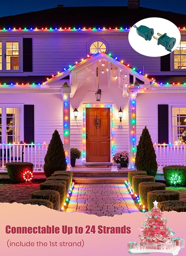 C9 LED Christmas Lights Outdoor, 68 Feet 100 LED Strawberry String Lights with 100 Spring Clamps, Waterproof Commercial Grade Extendable for Outside Roofline Patio Home Xmas Decoration, Multicolor