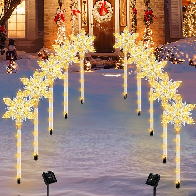 Snowflake Solar Christmas Pathway Lights, Set of 10 LED Outdoor Stake Lights, Waterproof Christmas Decorations for Garden, Yard, Lawn, Walkway, Patio Decor (10pcs Warm White)