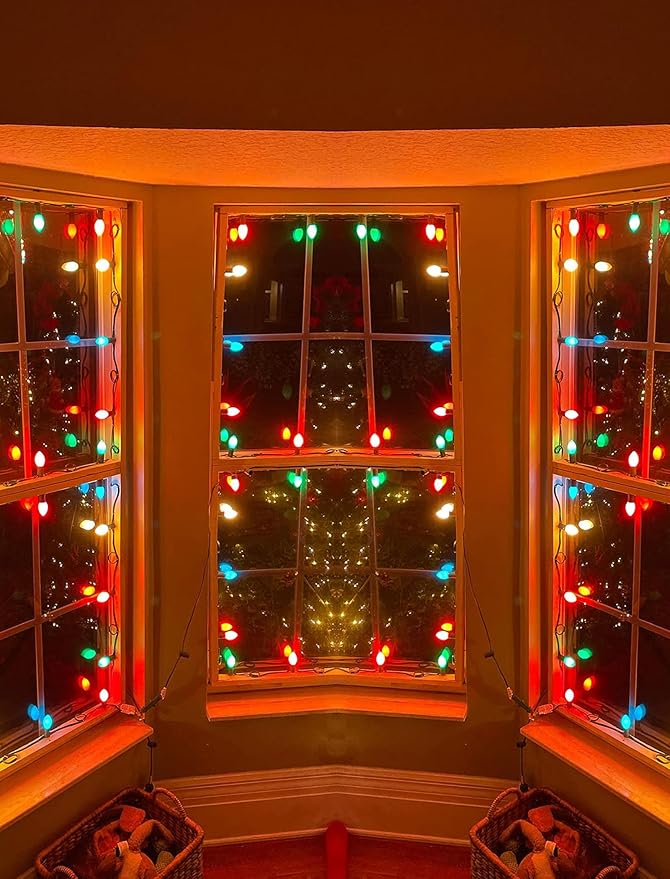 C7 Vintage Christmas String Lights with 27 Multicolor Ceramic Bulbs, 25FT Retro Outdoor String Lights for Christmas Tree Patio Garden Roofline Decoration (Green Wire)