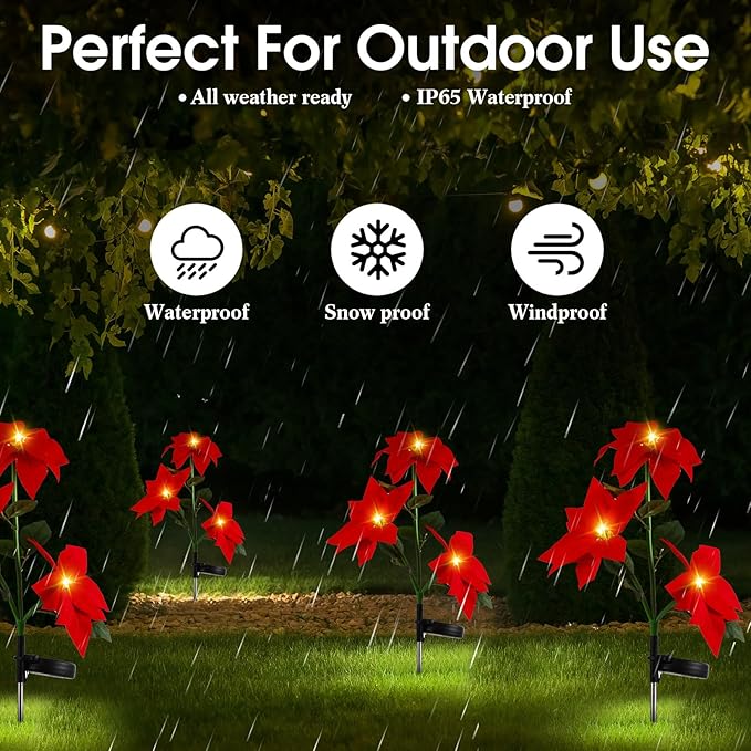 VIHOSE 4 Pieces Christmas Solar Poinsettia Stake Light Flowers Waterproof Trees Pathway Lights for Cemetery Grave Pathway Yard Garden Lawn Outdoor Xmas Decoration