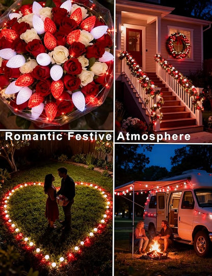 C9 Ultra Bright Solar Christmas Lights 50 LED Red White String Lights Strawberry Flower Design Outdoor Waterproof with 8 Modes for Valentine's Day Wedding Centerpiece Decoration