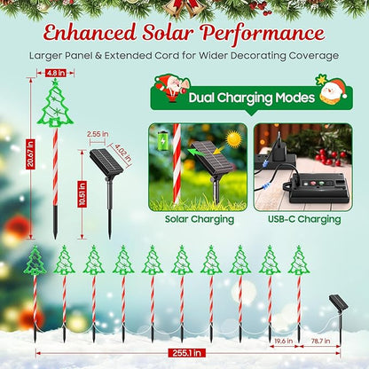 WdtPro Solar Christmas Pathway Lights Outdoor Decorations, 10 Pack Xmas Tree Candy Lights for Yard Walkway Lawn Porch, 10 Modes Led Waterproof Garden Patio Stake Lights Holiday Decor