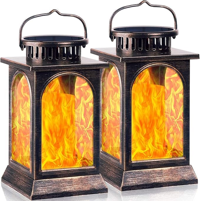 TomCare Solar Lights Flickering Flame Upgraded Metal Solar Lantern Outdoor Hanging Decorative Lanterns Heavy Duty Solar Powered Waterproof Outdoor Lighting for Patio Garden, 2 Pack (Bronze)