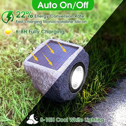 4 Pack Solar Garden Rock Lights Outdoor, 20 LM Bright White Spotlights with Auto On/Off, IP65 Waterproof 6000K Led Solar Powerd Landscape Stone Lights for Pathway Walkway Yard Patio