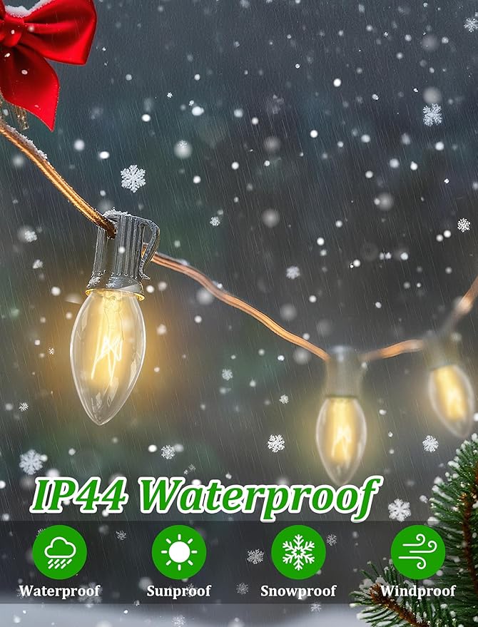 C9 Clear Christmas Lights 25FT, C9 Outdoor Patio String Lights with 26 Warm White Bulbs, Vintage Christmas Tree Lights for Roofline Roof Party Garden Decoration (Green Wire)