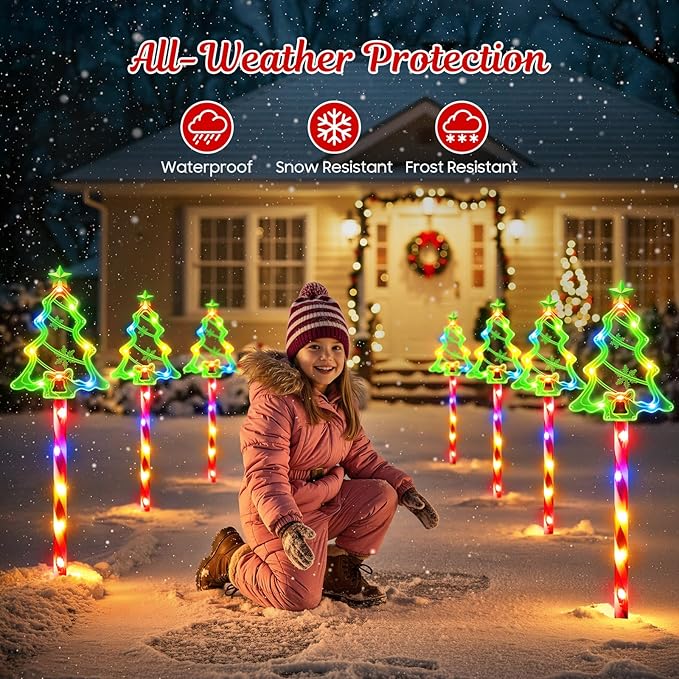 WdtPro Solar Christmas Pathway Lights Outdoor Decorations, 10 Pack Xmas Tree Candy Lights for Yard Walkway Lawn Porch, 10 Modes Led Waterproof Garden Patio Stake Lights Holiday Decor