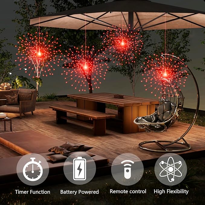 2 Pack Starburst Sphere Lights,200 LLED Firework Lights, 8 Modes Dimmable Remote Control Waterproof Hanging Fairy Light, Copper Wire Light for Patio Parties Christmas (Red)