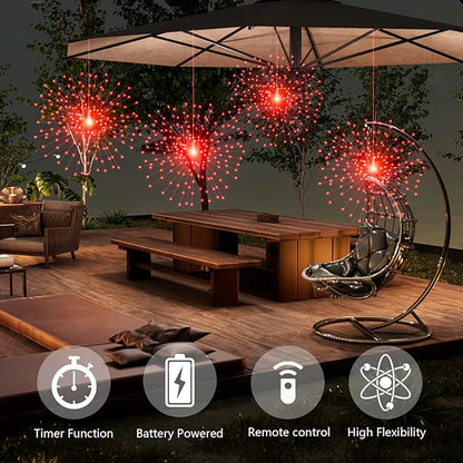 2 Pack Starburst Sphere Lights,200 LLED Firework Lights, 8 Modes Dimmable Remote Control Waterproof Hanging Fairy Light, Copper Wire Light for Patio Parties Christmas (Red)