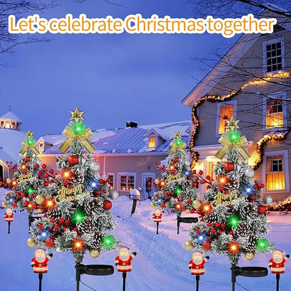 2 Packs Solar Christmas Tree - 34 Inch 40 LED Lights with 4 Glowing Mini Santas, 2 Modes, Waterproof Outdoor Solar Powered Xmas Decor for Garden Yard Pathway Lawn
