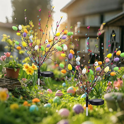 2 Pack Solar Easter Egg Lights Outdoor, 96 LED Waterproof Solar Easter Yard Decorations Outdoor Easters Yard Stakes Lights with 2 Lighting Modes for Outside Lawn Walkway Patio Cemetery Grave