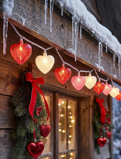 Valentines Day Heart String Lights Plug in, 8.5Ft Indoor Outdoor Valentine's Day Decorations String Lights with 10 LED Red Pink and White Heart Lights for Wedding Party Window Christmas Birthday Decor