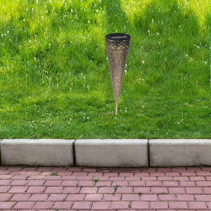 DOITOOL 2pcs Solar Pathway Lights Iron Art Cone Shape Design Decorative Lawn Lamps for Patio and Ambiance