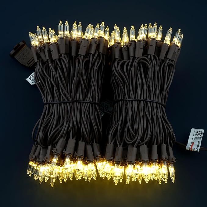 200 Warm White Christmas Lights, Pack of 2 Strands 100 Count 33 ft Brown Wire Incandescent-Style LED String Light (Warm White)