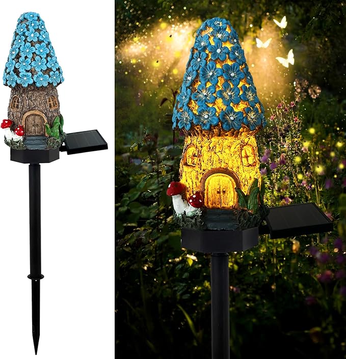 Mushroom Solar Lights Outdoor, Waterproof Fairy Houses Mushroom Garden Decor Decorative Solar Powered Garden Stake Lights for Outside Lawn Walkway Patio Yard (Blue)