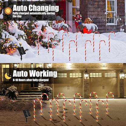 Christmas Decorations Outdoor, 10 Pcs Candy Cane Lights, 21'' Solar Pathway Lights with 8 Lighting Modes, Waterproof Garden Lights for Christmas Patio Yard Walkway Decorations