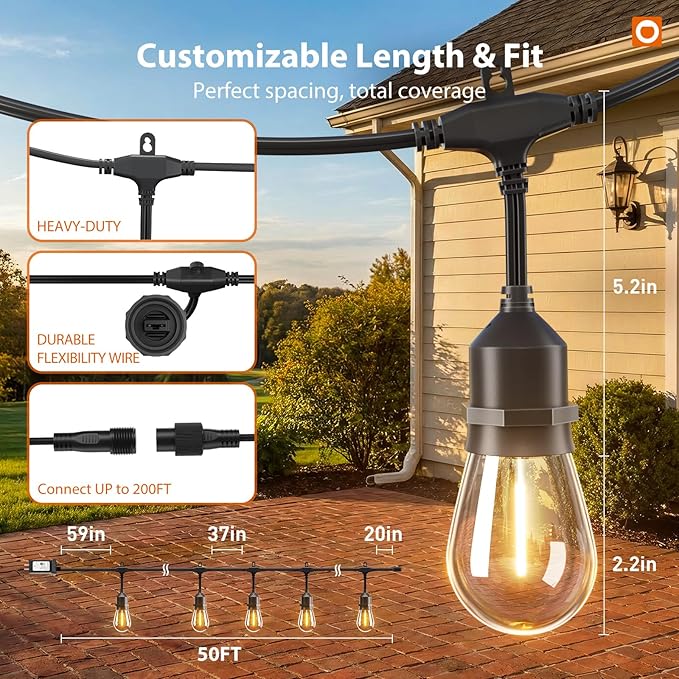 addlon 50FT Outdoor String Lights LED with Remote Dimmable Patio Lights Waterproof Shatterproof Edison Bulb for | Lumora