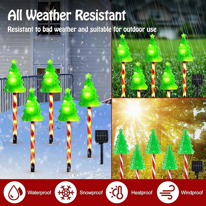 Lewondr Solar Christmas Pathway Lights, 5 PCS Solar Christmas Decorations Outdoor with 2 Lighting Modes, Xmas Tree Lights with Red Pole and Garden Stake, Waterproof Garden Lawn Patio Holiday Decor