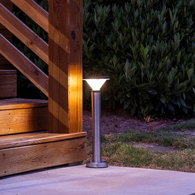 Gama Sonic Luxor Bollard Outdoor Solar Pathway Light, Silver Stainless, 20.25-inch Lamp Height, Sidewalk, Path, Driveway, 50 Lumens (144i58070)