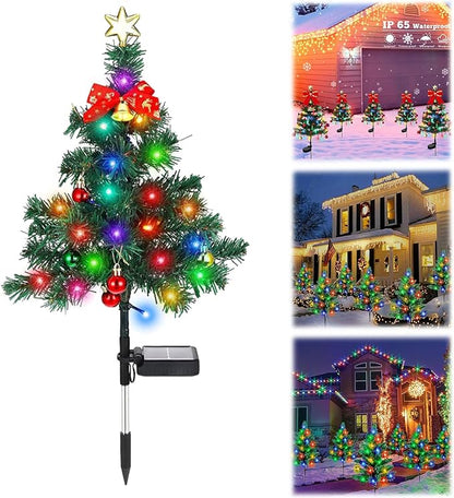 Solar Powered Mini Christmas Trees, 2026 New Solar Christmas Tree Lights Holiday Decorations, Solar Christmas Lights Outdoor Xmas Tree for Yard, Pathway, Porch, Cemetery (1PC-Colored Lights)