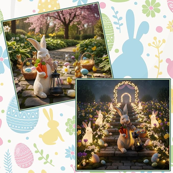 Retisee Solar Easter Garden Statue Resin Garden Bunny Statue with Carrots LED Lights Outdoor Bunny Solar Light Figurine Decoration for Yard Patio Lawn Gift for Easter Spring Holiday Outdoor Decor