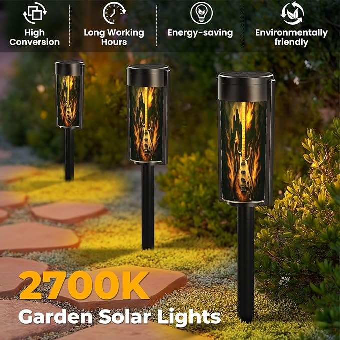 4 Pack Solar Pathway Lights Outdoor Waterproof Guitar City Beautiful Picture gitital Art Solar Garden Lights LED Landscape Lighting for Yard Walkway Lawn Garden Decor