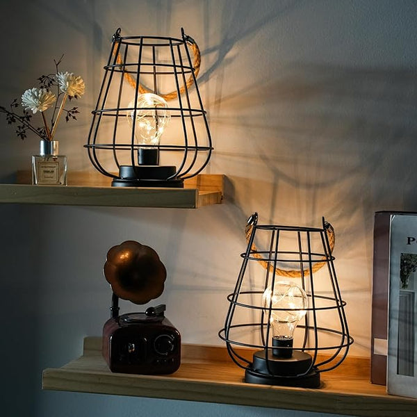 JHY DESIGN Set of 2 Cage Bulb Lantern Decorative Table Lamps 8.5" H Battery Powered Cordless Lights with Warm White | Lumora