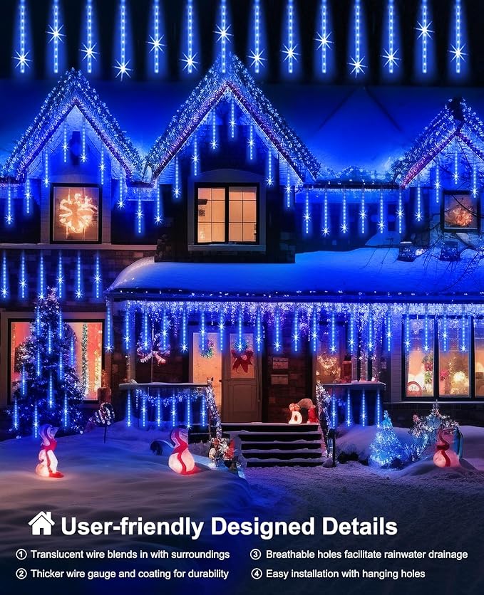 Christmas Lights Outdoor, 20 Inch 20 Tubes 1080 LED Blue Meteor Shower Lights, Cascading Snow Falling Icicle for Xmas Tree Yard Halloween Wedding Party Decor