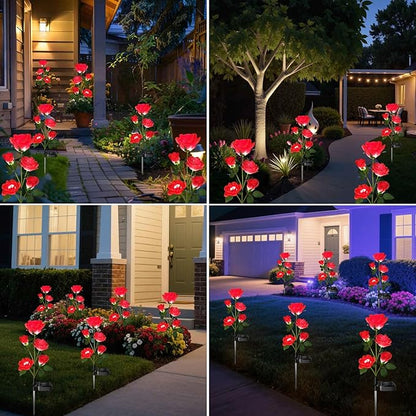 Solar Garden Lights, Solar Outdoor Lights with More Realistic 10 Rose Waterproof Solar Powered Flowers for Outside Patio Yard Pathway Decorations, 2 Pack Red