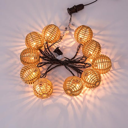 Decorative String Lights Plug in with 10 Incandescent Bulbs, Natural Rattan Globe Boho Lantern String Lights Connectable Weatherproof Outdoor Indoor for Bedroom Patio Pergola Decor