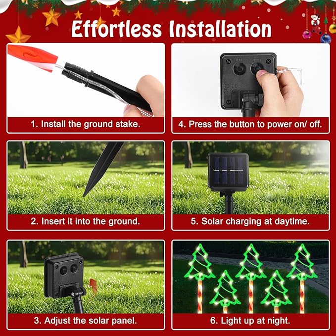 Lewondr Solar Christmas Pathway Lights, 5 PCS Solar Christmas Decorations Outdoor with 2 Lighting Modes, Green Xmas Tree Lights with Red Pole and Garden Stake, Waterproof Yard Lawn Patio Holiday Decor