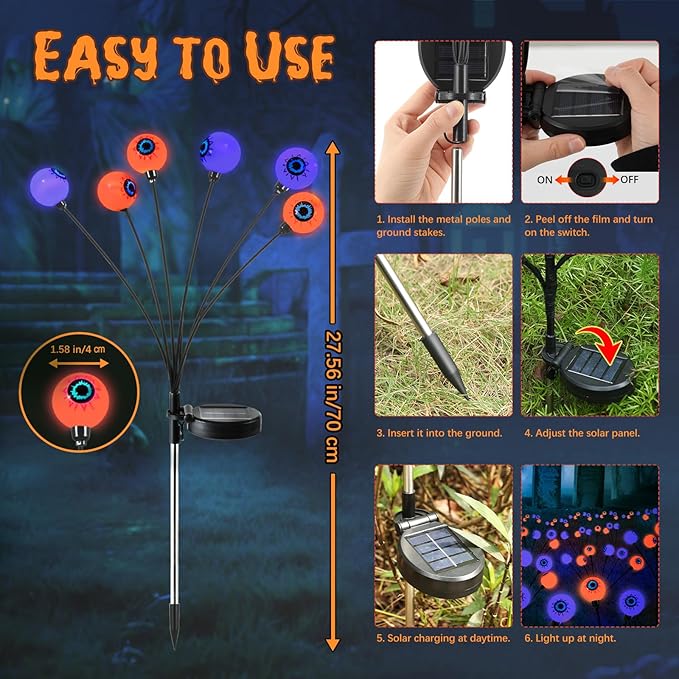 Lewondr Halloween Decorations Outdoor Eyeball Lights, 6 Pack Solar Garden Lights with 2 Modes, Waterproof Firefly Lamps Swaying by Wind for Yard, Pathway, Lawn, Patio, Party, Purple + Orange