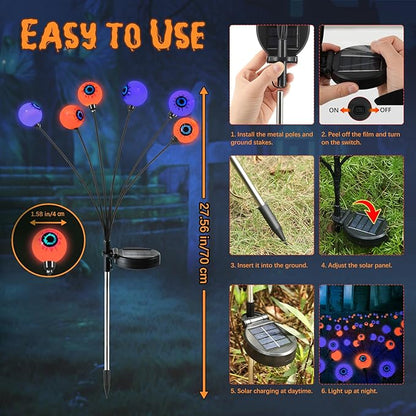 Lewondr Halloween Decorations Outdoor Eyeball Lights, 6 Pack Solar Garden Lights with 2 Modes, Waterproof Firefly Lamps Swaying by Wind for Yard, Pathway, Lawn, Patio, Party, Purple + Orange