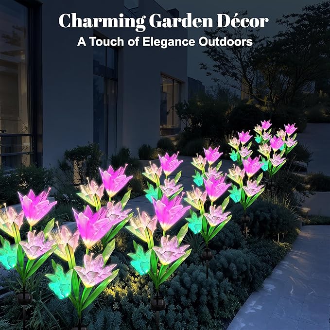 Solar Powered Lily Flower Lights Outdoor, Waterproof Color Changing Garden Lights with Large Solar Panel, 2 Pack for Patio, Yard, Pathway Decoration
