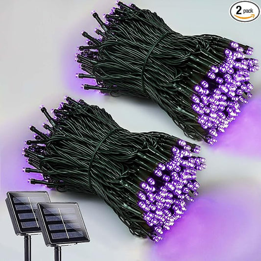 2 Pack 200 LED Solar Christmas Lights Outdoor Waterproof, Solar String Lights for Outside, Solar Powered Tree Light with 8 Lighting Modes for Xmas Tree Party Garden Yard Christmas Decorations (Purple)