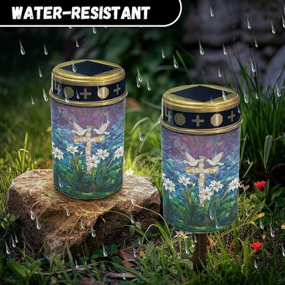 Solar Lighted Cross Pigeon Lily Print Waterproof Solar Grave Outdoor Lights for Cemetery Landscape Path Flamesless Candle Garden Stake Light for Outdoor Yard Patio