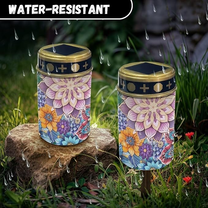Boho Flower Cemetery Solar Garden Stake Lights - Outdoor Metal Lights, Waterproof for Garden, Lawn, Patio or Courtyard