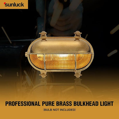 Sunluck Brass Nautical Bulkhead Light,Grid Oval Wall Light,Brass Half Cover Lampshade,Ceiling Mount Light,Waterproof IP65,Rust Resistant,for Wet Location Bath,Seaside,Ship,Basement